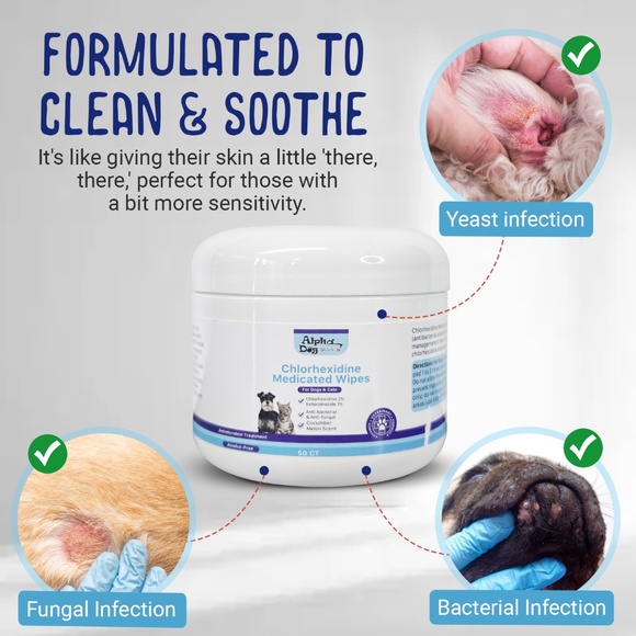 Alpha Dog Series Chlorhexidine Ketoconazole Wipes Anti Itch Hot Spot Relief - Picture 6 of 7